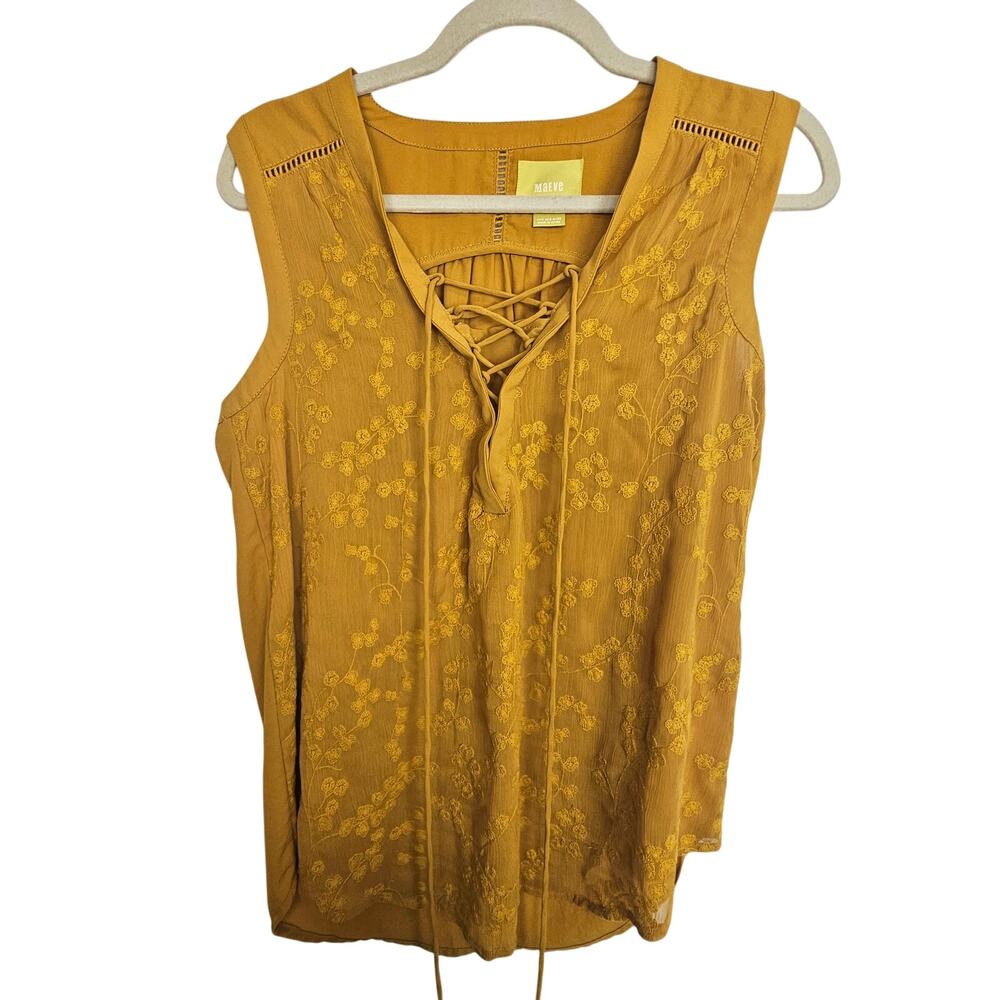 Maeve Anthropologie Women Floral Lace Up Tank Sz 4 Mustard Boho Cottagecore Boho
